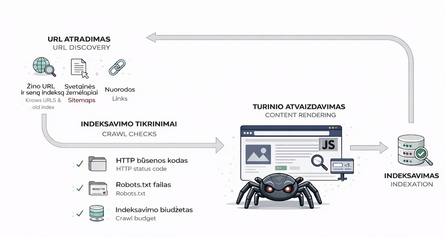 Svetainės nuskaitymo ir indeksavimo infografikas